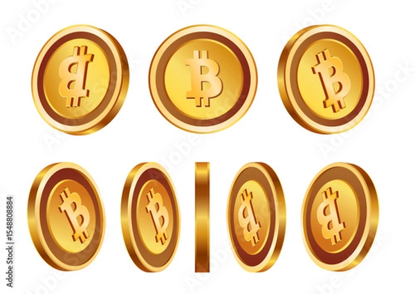 Obraz Set of golden bitcoin coins shown from multiple angles and perspectives on white background for cryptocurrency design