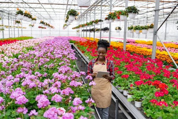 Obraz A smiling African woman in a greenhouse manages inventory on a tablet, surrounded by vibrant flowers and hanging plants.