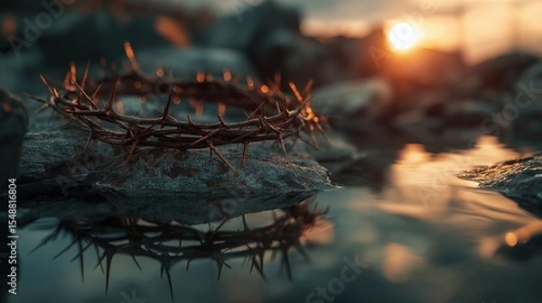 Obraz Crown of Thorns: A crown of thorns lies on a rock at sunset, a powerful symbol of sacrifice and redemption. The soft glow of the sun creates a contemplative atmosphere.
