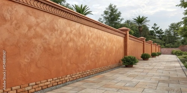 Fototapeta Rustic Orange Wall with Brick Base and Walkway, garden design, landscape architecture
