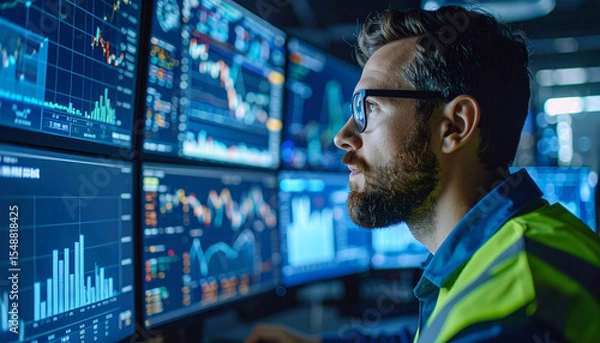 Fototapeta A male data scientist intently analyzing stock market data displayed on multiple monitors in a high-tech control room
