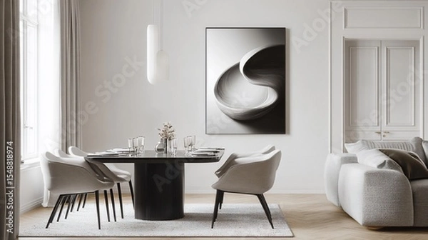Obraz Neutral-toned dining area with modern table, chairs, artwork, sofa, light, & light