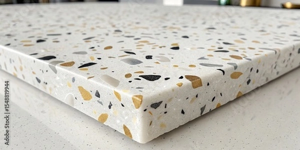 Fototapeta Terrazzo Surface Close-up of Gold, Grey and White Speckled Design, Countertop, Kitchen ,terrazzo, countertop design