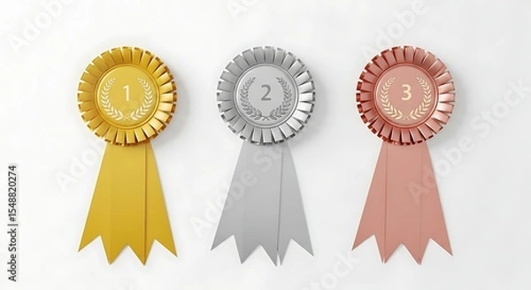 Fototapeta Gleaming trio of rosettes radiant gold for first sleek silver second rose bronze third each ribboned in success on