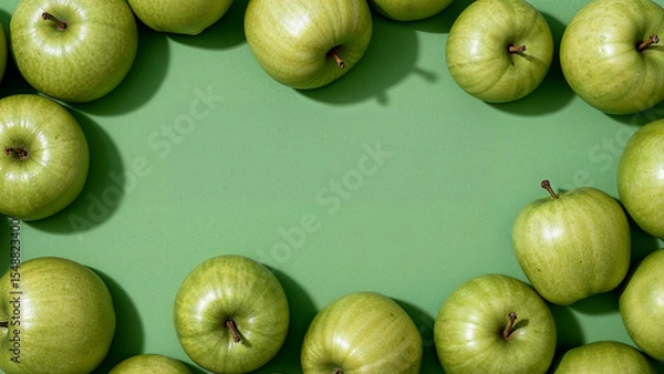 Fototapeta Fresh green apples surrounded by clover flatlay