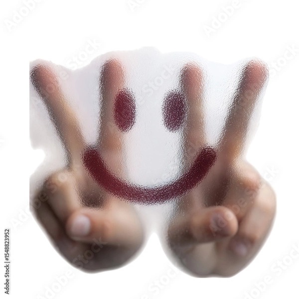 Obraz Drawing a smiley face on frosted glass with fingers for happiness and positive emotions concept image design on transparent background