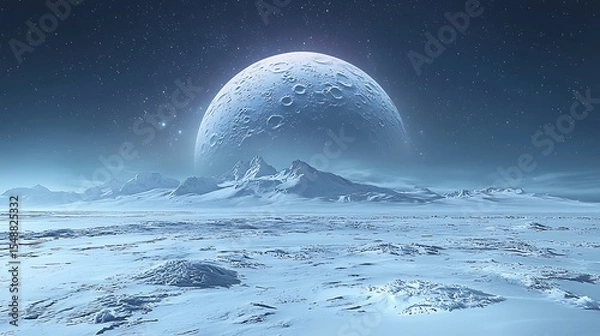 Fototapeta Icy Alien Moon Orbiting Gas Giant in a Dark Space