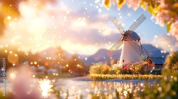 Fototapeta Idyllic Spring Countryside Sunset with Windmill