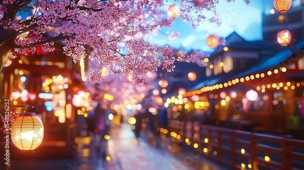 Fototapeta Illuminated Sakura Tree at Night in a Japanese City