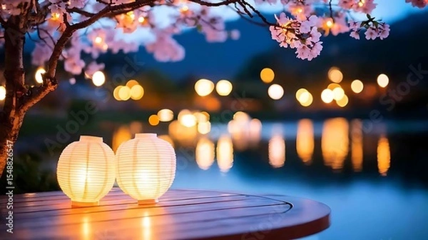 Fototapeta Illuminated Sakura Tree at Night with Lanterns and Water Reflections