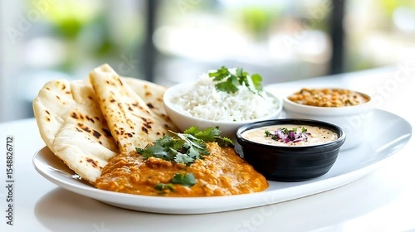 Fototapeta Indian Curry Platter with Naan and Rice