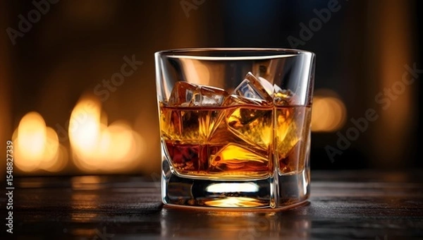 Fototapeta A Glass of Whiskey on Ice Lit by a Warm Fire in the Background