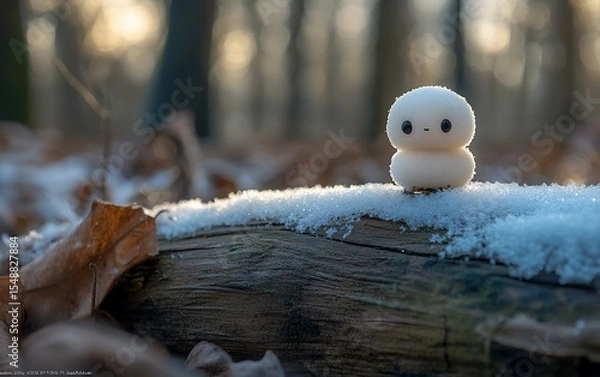 Fototapeta Tiny, fluffy creature with eyes sits on snow-covered log, autumn forest bokeh background