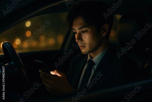 Fototapeta 夜の自動車の運転席に座ってスマホを確認している若いサラリーマン