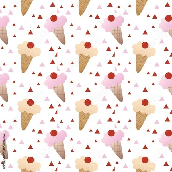 Fototapeta Seamless Pattern of Ice Cream Cones with Geometric Triangle Background. Ideal for summer-themed designs, wrapping paper, fabric prints, children’s products, and party decorations