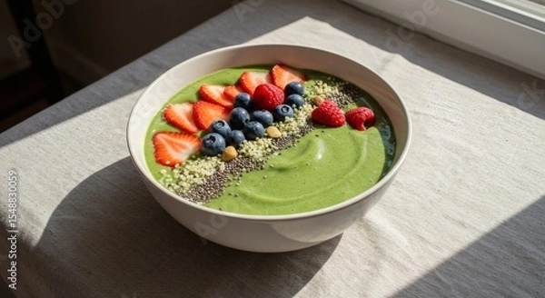 Fototapeta Delicious Green Smoothie Bowl Topped with Berries Hemp Seeds and Chia Seeds
