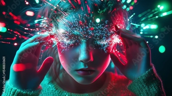 Fototapeta a young girl with a mesmerizing effect beams of colorful light appear to emanate from her forehead, a vivid spectacle. The light consists of various hues, including bright reds, greens, and blues,
