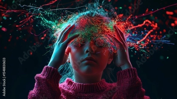 Fototapeta a young girl with a mesmerizing effect beams of colorful light appear to emanate from her forehead, a vivid spectacle. The light consists of various hues, including bright reds, greens, and blues,
