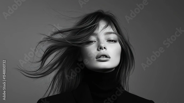 Fototapeta woman with loose hair in her hair in black clothes, in photo studio gray background, blurred face, strong wind, hail, black and white, romantic mood, dreamy soft focus, with vignetting and distortion