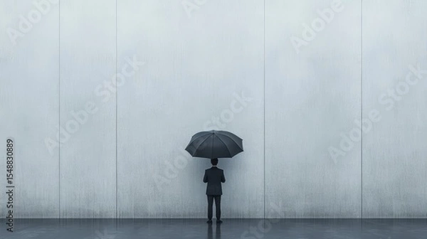 Fototapeta A simple design for an exhibition poster, photo of person holding umbrella in background. with subtle gradient background color from light gray to dark grey,