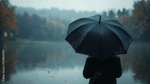 Fototapeta A simple design for an exhibition poster, photo of person holding umbrella in background. with subtle gradient background color from light gray to dark grey,