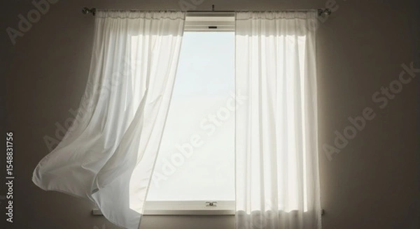 Fototapeta Sheer White Curtains Blowing in the Breeze by a Bright Window