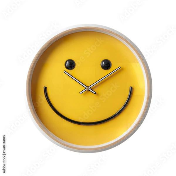 Obraz Yellow smiley face wall clock time decor modern design home office kitchen happy expression timepiece round on transparent background