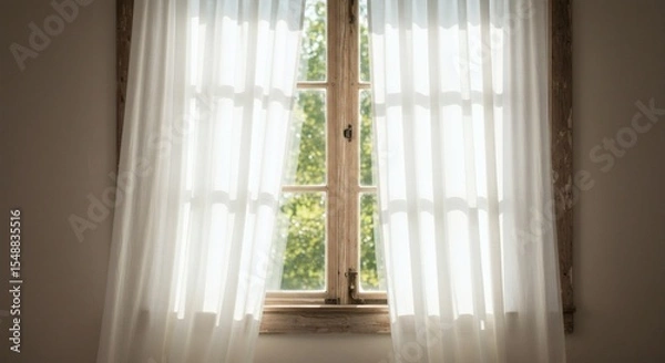 Fototapeta Serene Sunlight Through Sheer Curtains on Rustic Wooden Window
