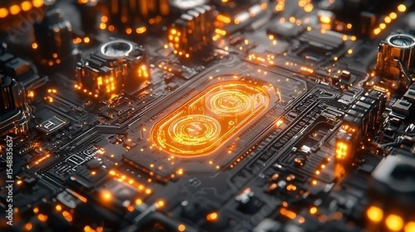Fototapeta Isometric Cityscape Circuit Board with Glowing Orange Components