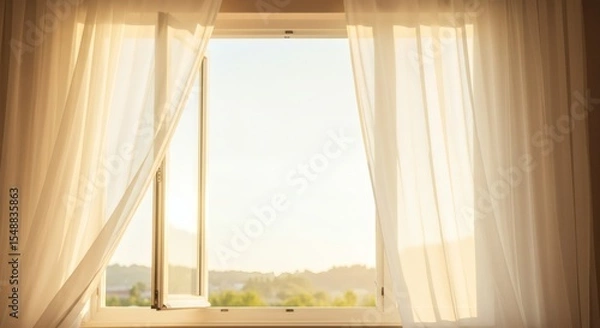 Fototapeta Serene Sunlight Streaming Through Sheer Curtains and Open Window Illuminating a Tranquil Landscape