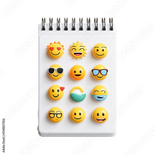 Obraz Emojis on notebook: cute emoji faces, happy face icons, emoticons on notepad, expressive emoji symbols on transparent background