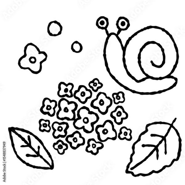 Obraz 梅雨の手描きアイコン素材｜かたつむり・紫陽花のイラストセット	