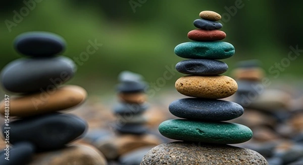 Fototapeta Serene Stack: Balanced Stones in a Tranquil Natural Setting