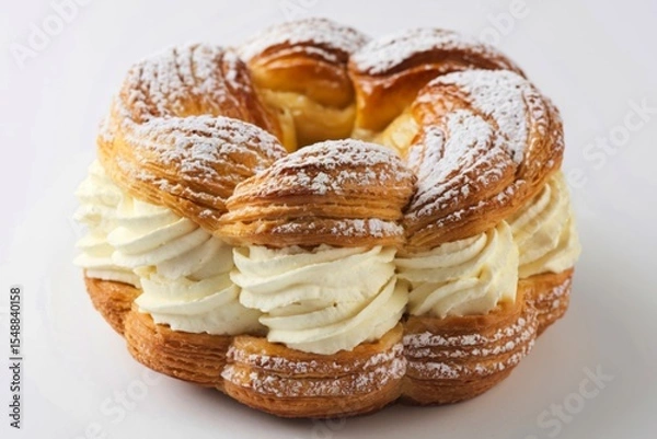 Fototapeta A photo of a pastry filled with a creamy filling, dusted with powdered sugar.