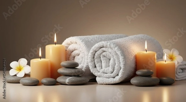 Fototapeta Serene Spa Setting Rolled Towels Burning Candles and Smooth Stones
