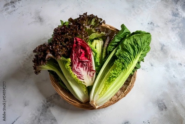 Fototapeta Red lettuce and romaine in basket on grey background close up