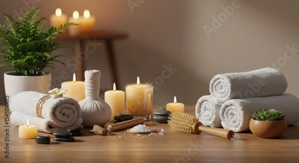 Fototapeta Serene Spa Setting Candles Towels Stones and Herbal Compress for Relaxation