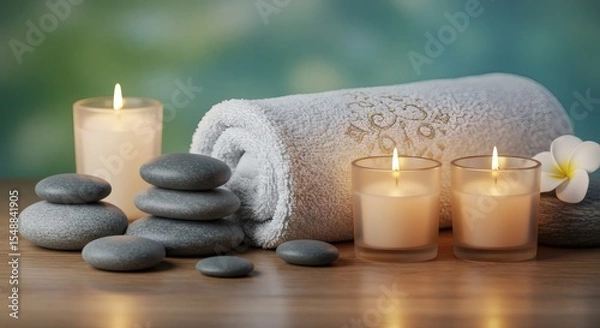 Fototapeta Serene Spa Setting Rolled Towel Candles and Smooth Grey Stones