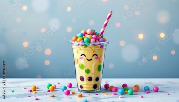 Fototapeta Glass of refreshing yellow drink with candy, a sweet and colorful treat refreshing