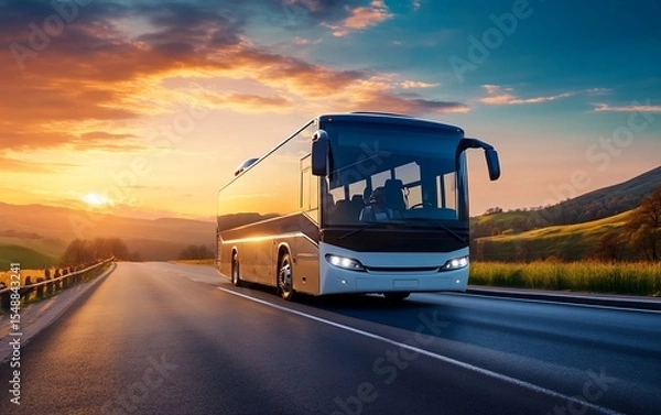 Fototapeta Gleaming bus driving into a vibrant sunset over rolling hills and asphalt road
