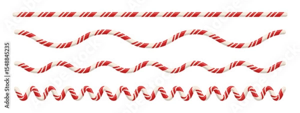 Obraz Candy cane border with red and white striped pattern. Includes realistic spiral lollipop line for holiday card or banner design. Seamless sweet ornament for winter decoration. Vector illustration.