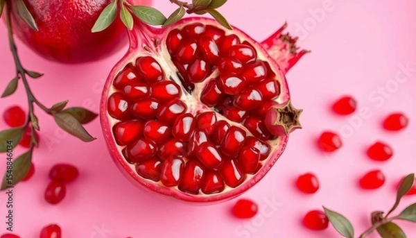 Fototapeta Juicy pomegranate, vibrant red seeds against a soft pink backdrop, closeup, healthy eating