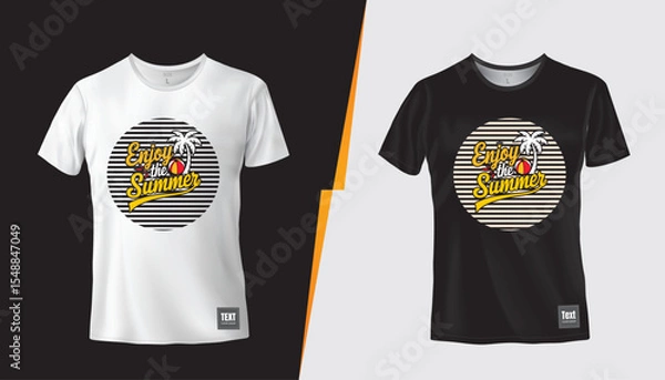 Fototapeta Tropical Summer T-Shirt Design with Palm Tree and Beach Ball, Enjoy the Summer Quote Graphic for Holiday and Vacation Wear, T-shirt vector design, Ready for print.