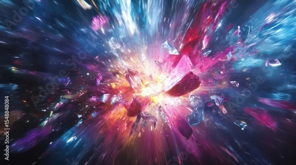 Fototapeta Cosmic Shatter: Exploding Crystals in a Burst of Colorful Energy and Light Streaks