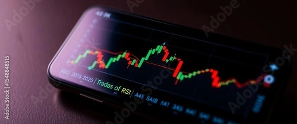 Fototapeta Mobile phone displaying stock chart with moving averages and RSI, indicators, financial market