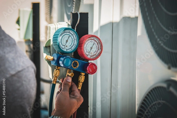 Fototapeta Air conditioning, HVAC service technician using gauges to check refrigerant and add refrigerant.	