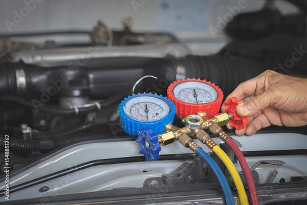 Fototapeta Auto mechanic using a gauge to check refrigerant and refill car air conditioning.