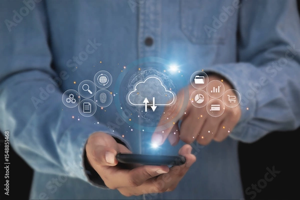 Fototapeta cloud computing shown in hand cloud technology data storage, data transfer, network