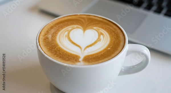 Fototapeta A latte with heart-shaped latte art sits on a table beside a laptop.