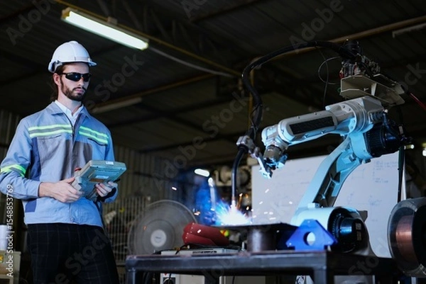 Fototapeta Caucasian male engineers wearing safety uniform, control and monitor automatic welding machine arm robot in intelligent factory in real-time monitoring system software, digital manufacturing operation